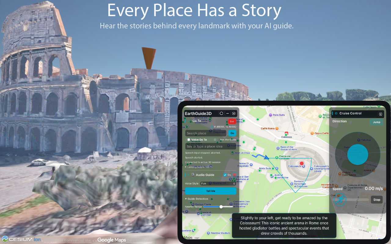 EarthGuide3D Audio Guide controls and narrated exploration