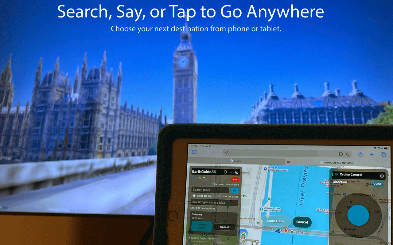 EarthGuide3D controller showing destination controls