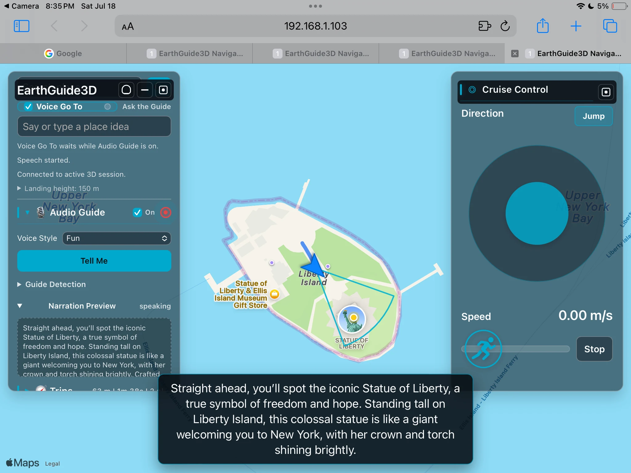 EarthGuide3D Audio Guide enabled with a narration preview for the Statue of Liberty