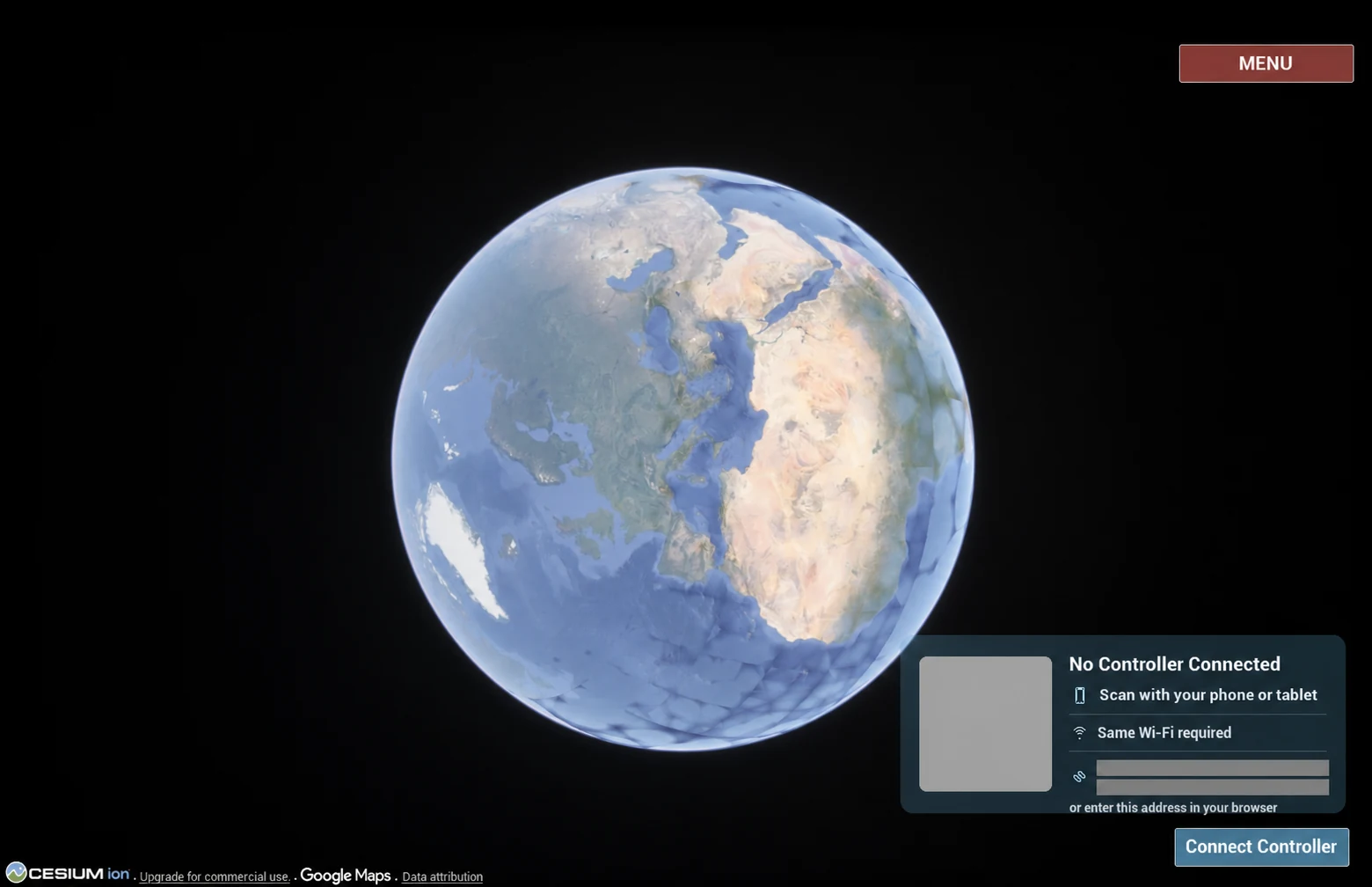 EarthGuide3D connection panel showing where the controller QR code appears, with the private example code and address covered