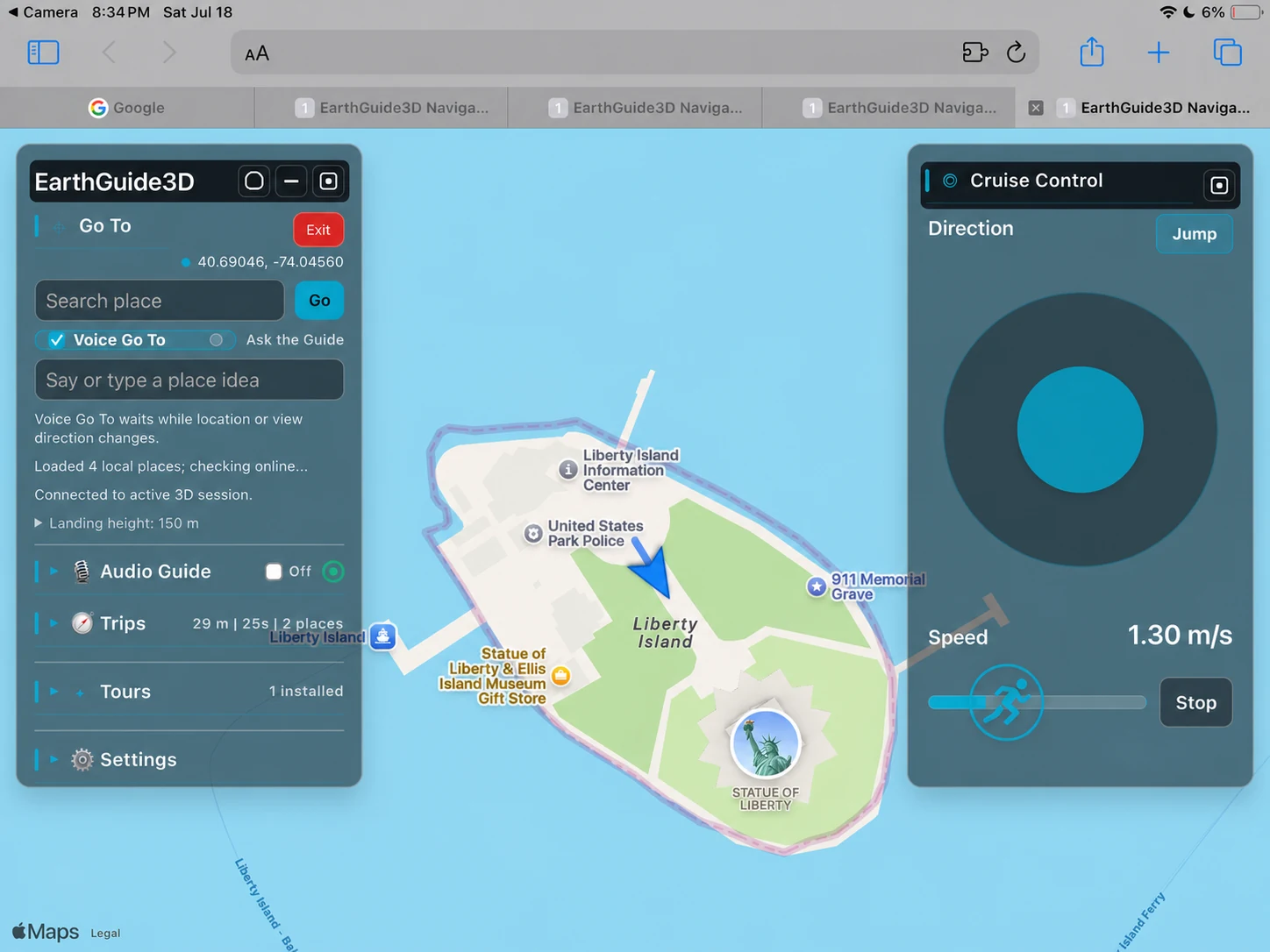 EarthGuide3D controller at Liberty Island with the cruise speed set to 1.30 meters per second