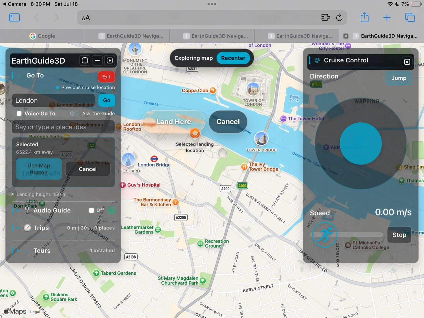 EarthGuide3D controller showing London selected on the map with the Land Here button