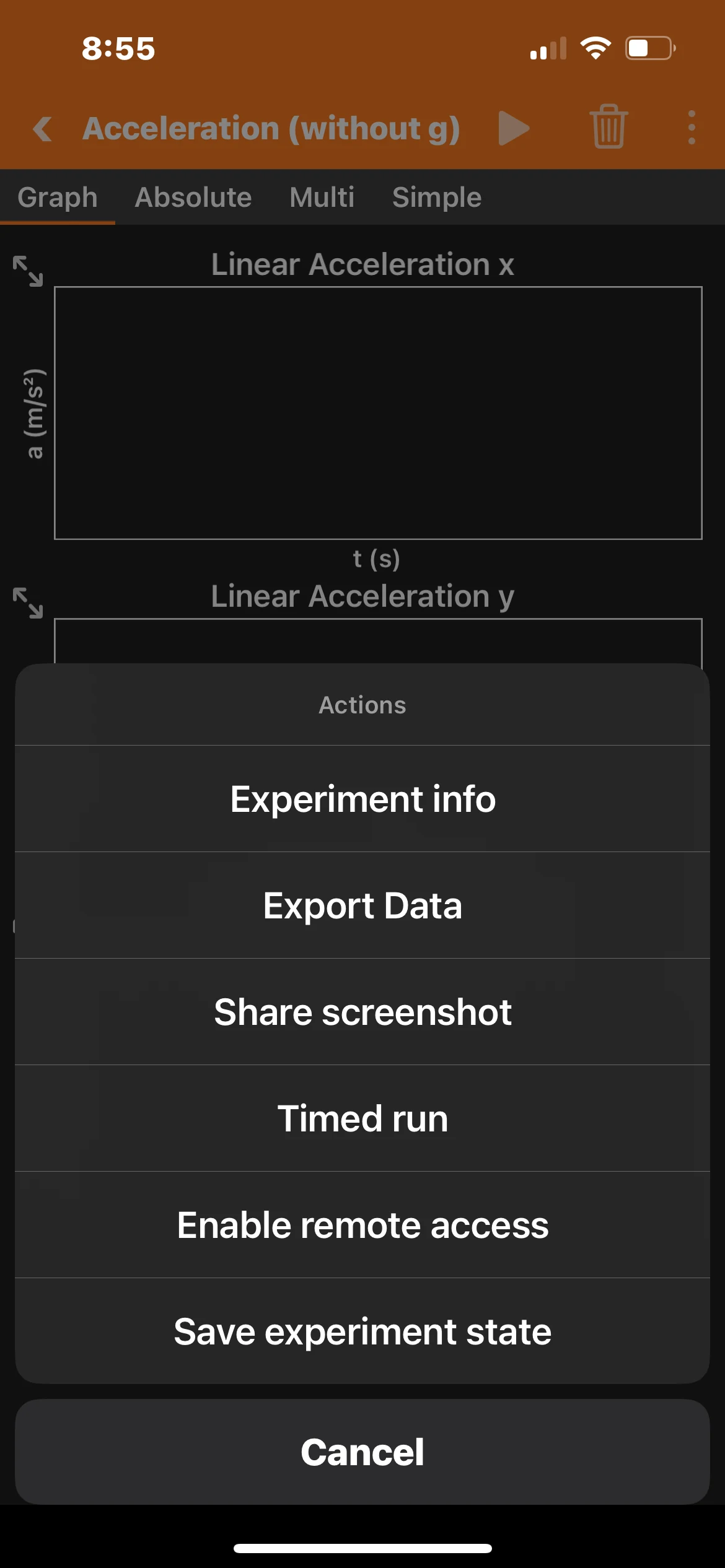 Phyphox actions menu with Enable remote access