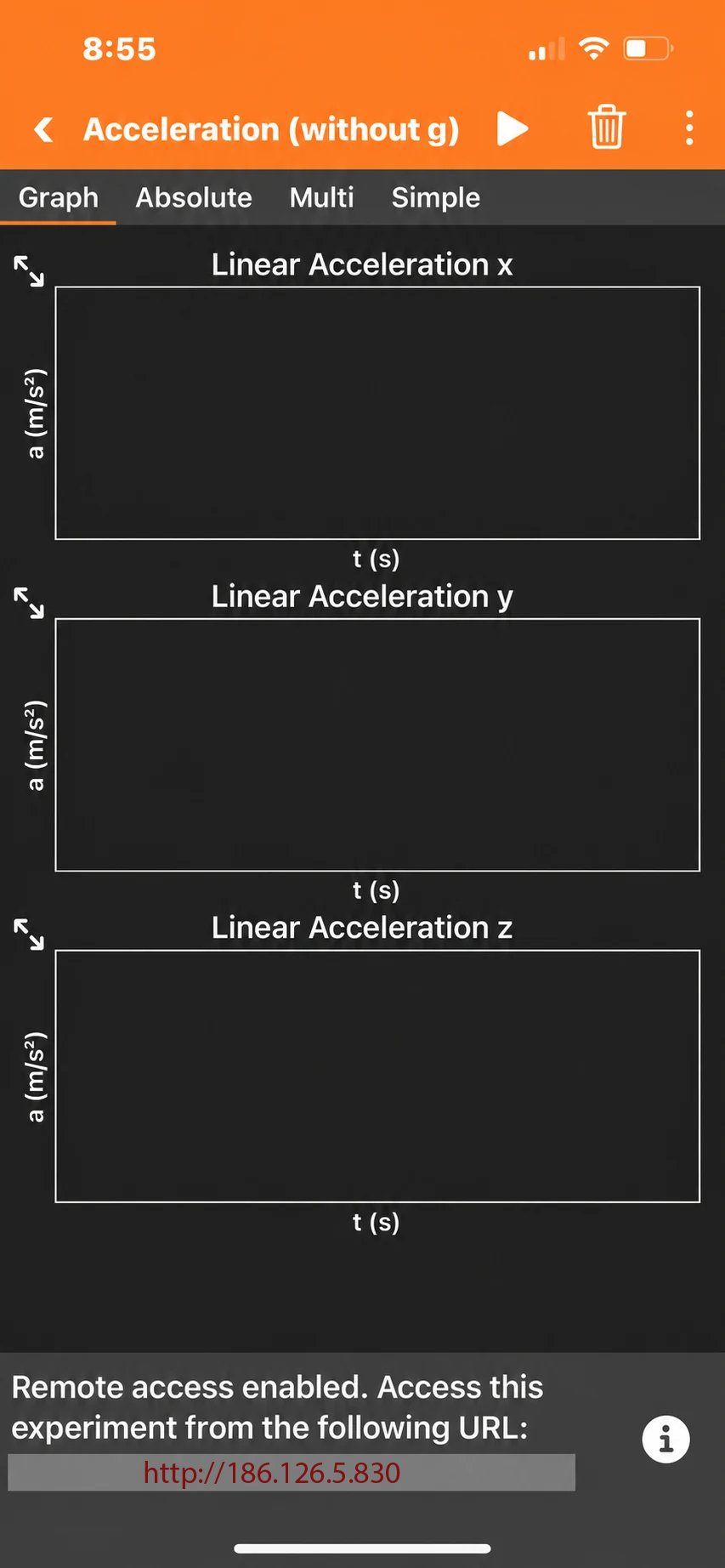 Phyphox remote access enabled with a red example address