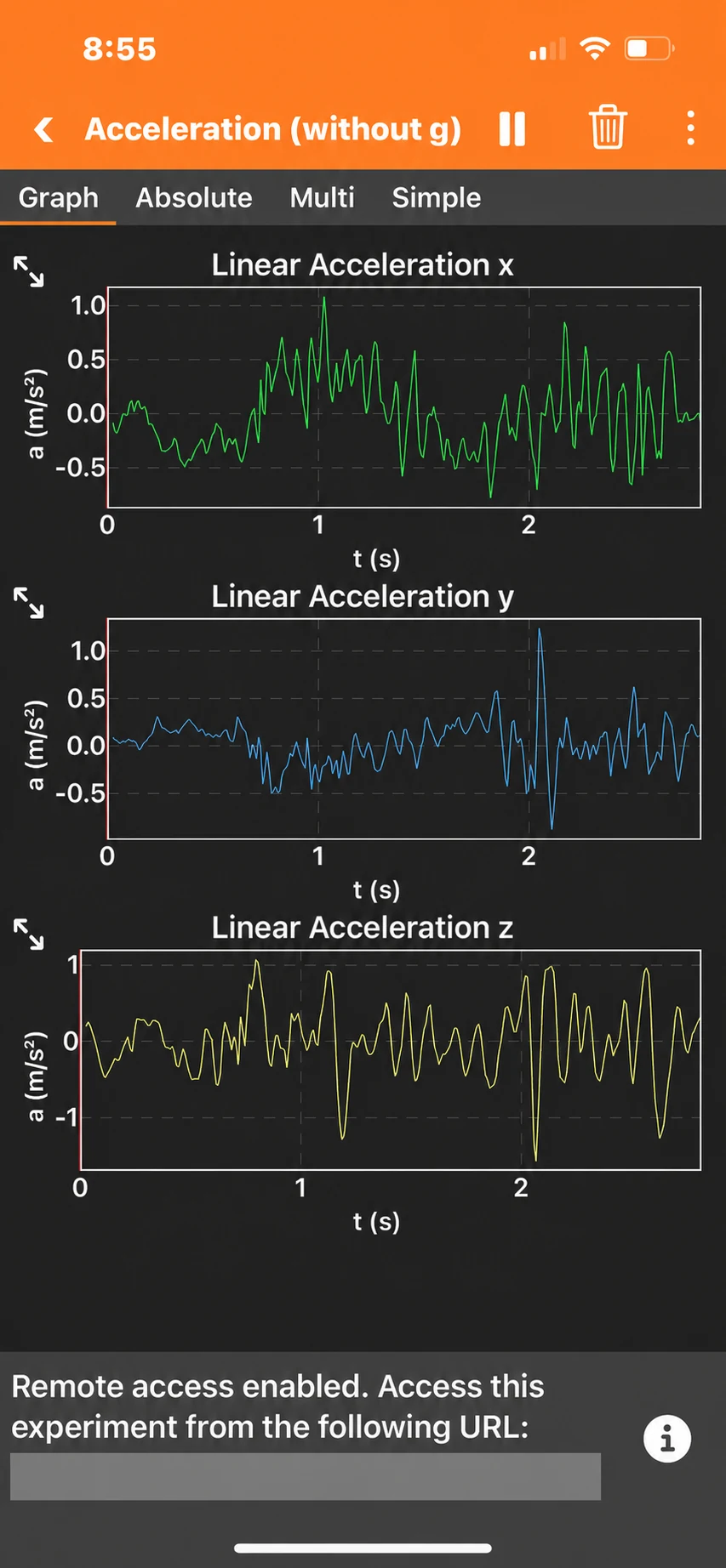Phyphox acceleration experiment running with the private address covered
