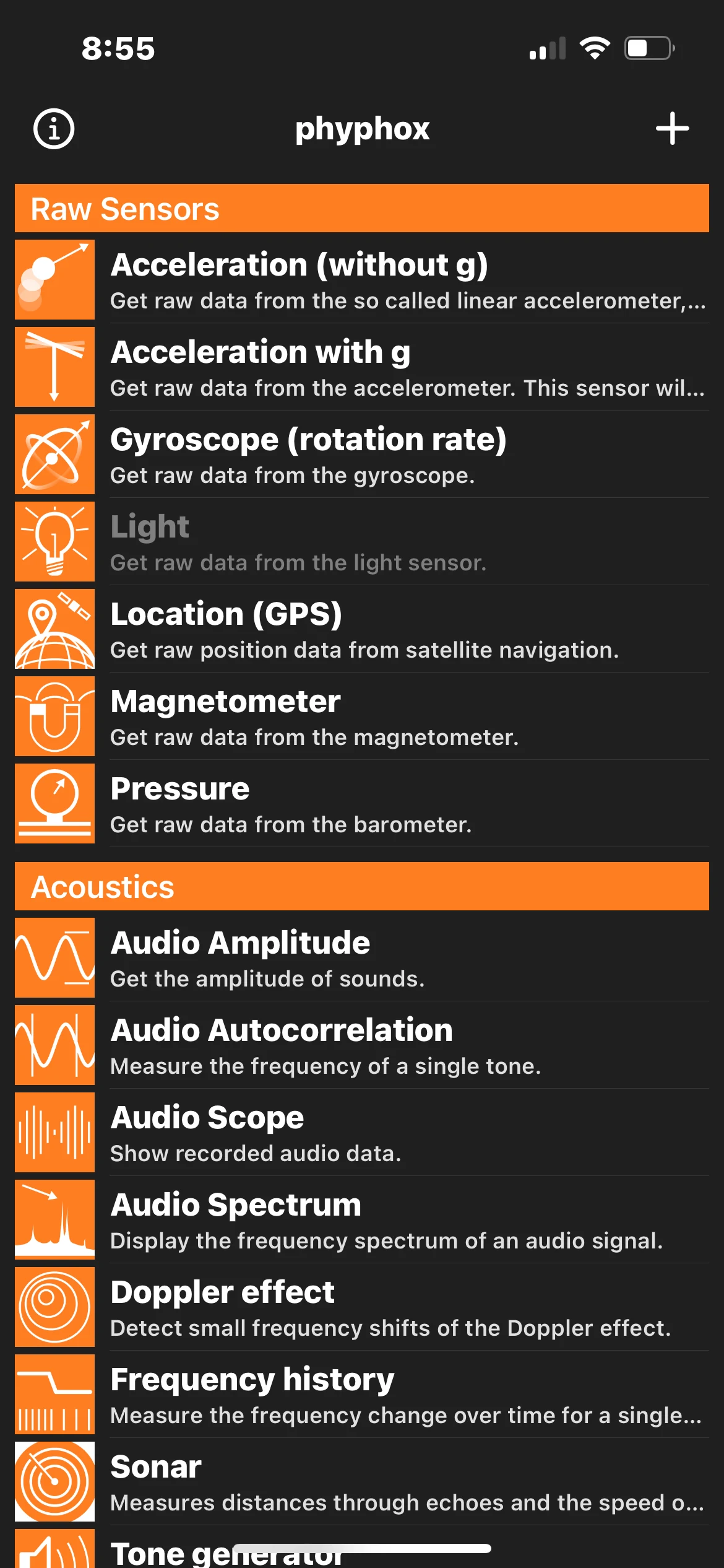 Phyphox Raw Sensors list with Acceleration without g