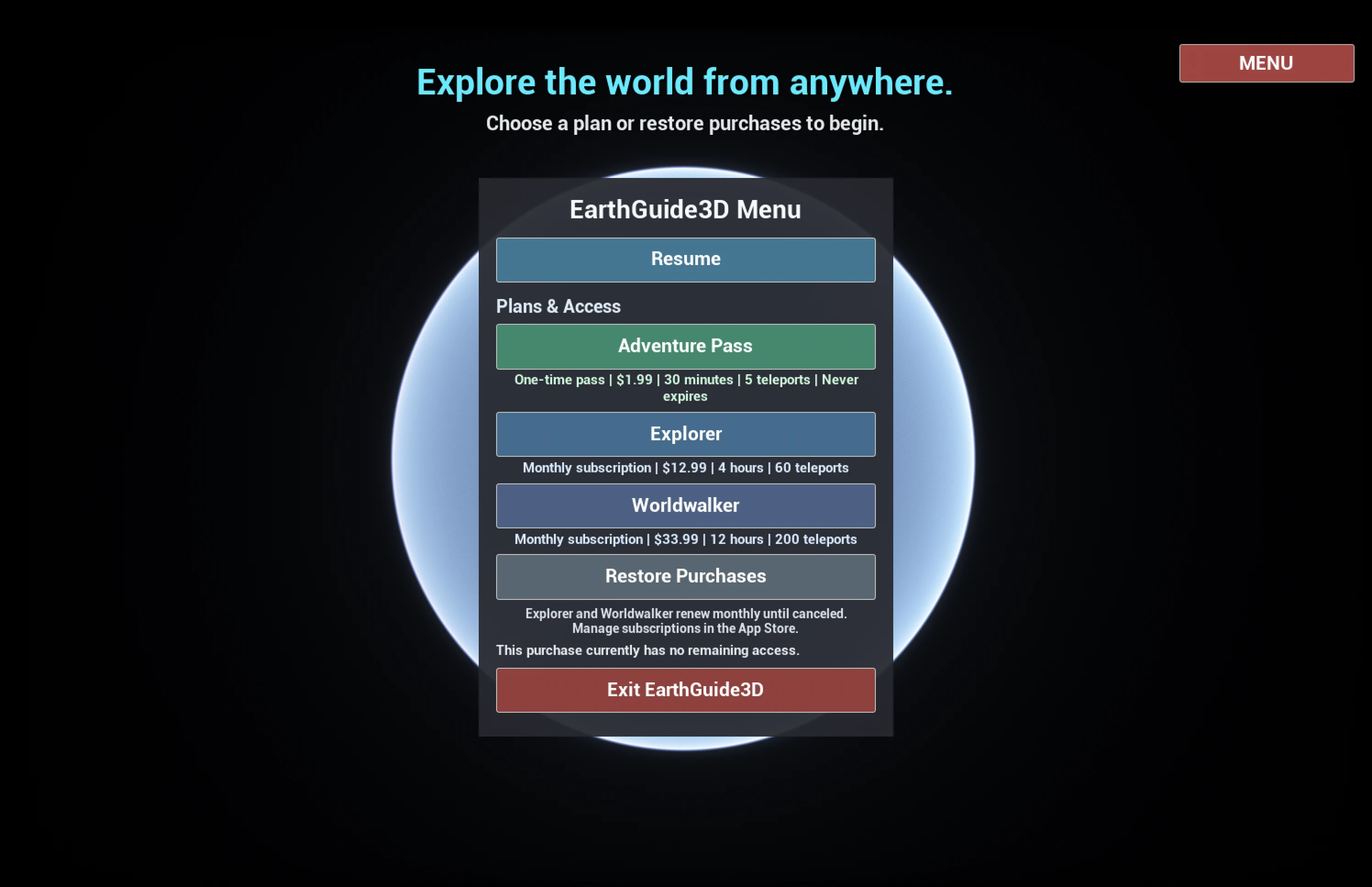 EarthGuide3D Plans and Access menu with Adventure Pass, Explorer, Worldwalker, and Restore Purchases options