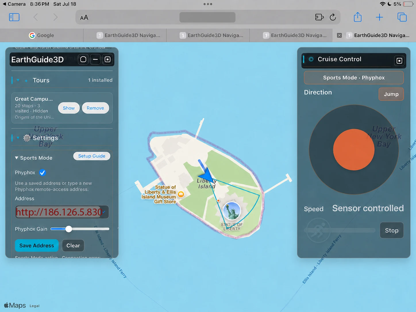 EarthGuide3D Settings with Sports Mode and Phyphox enabled using a red example address